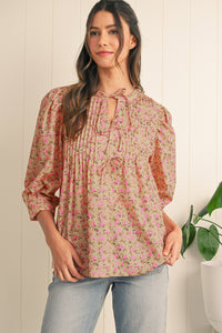 Light French Beige Ditsy Floral Print Bow Front Puff Sleeve Blouse