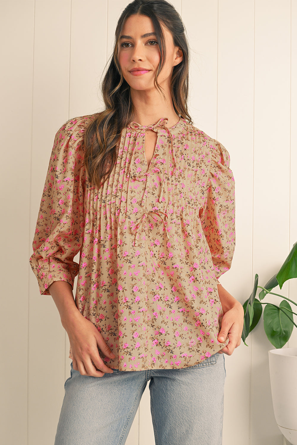 Light French Beige Ditsy Floral Print Bow Front Puff Sleeve Blouse