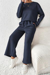 Dark Khaki Textured Loose Slouchy Long Sleeve Top and Pants Set