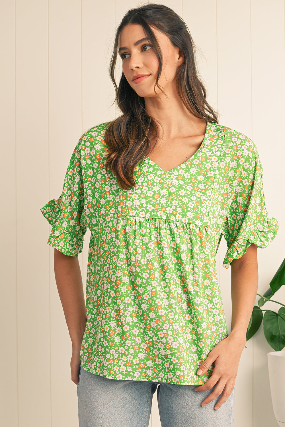 Green Floral Print Ruffle Sleeve V Neck Pleated Blouse
