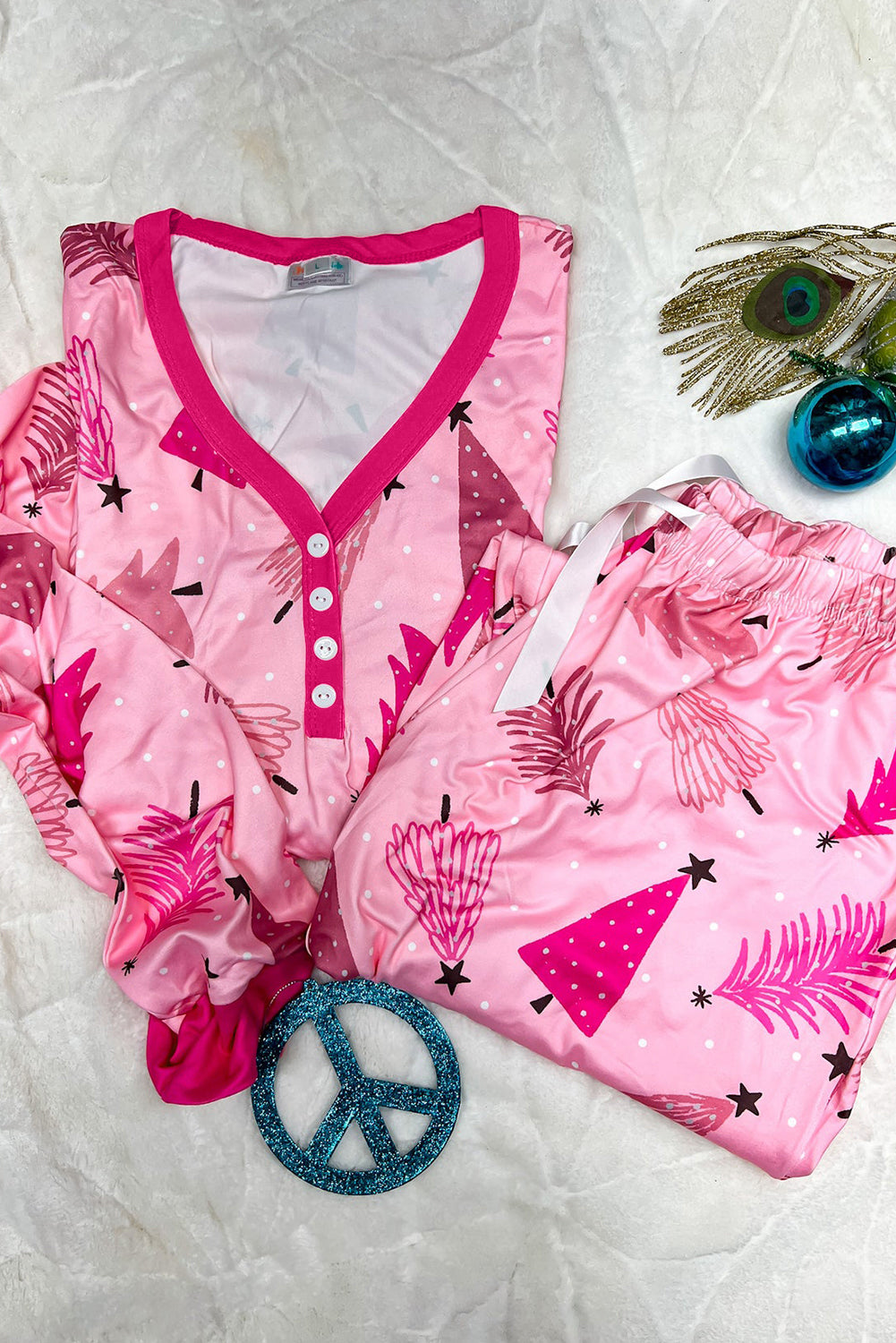 Pink Christmas Tree Print V Neck Buttoned Pullover and Pants Pajama Set