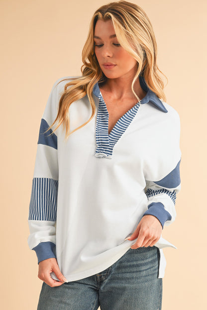 Dark Blue Striped Patchwork Collar Sweatshirt