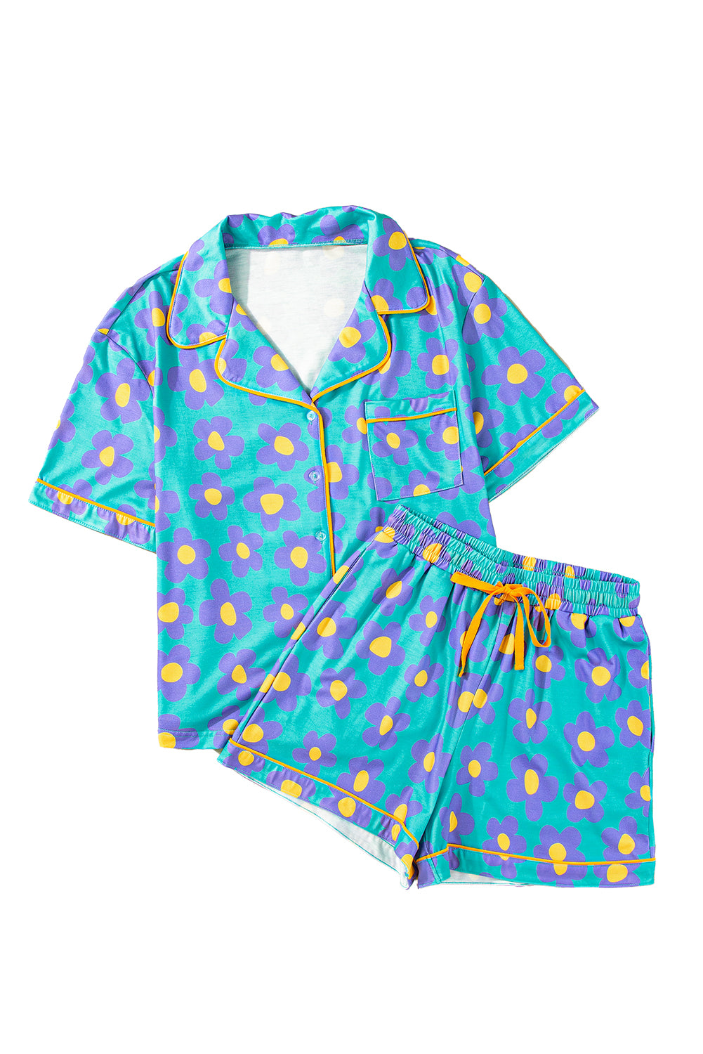 Pink Flower Print Buttoned Shirt and Drawstring Waist Pajama Set