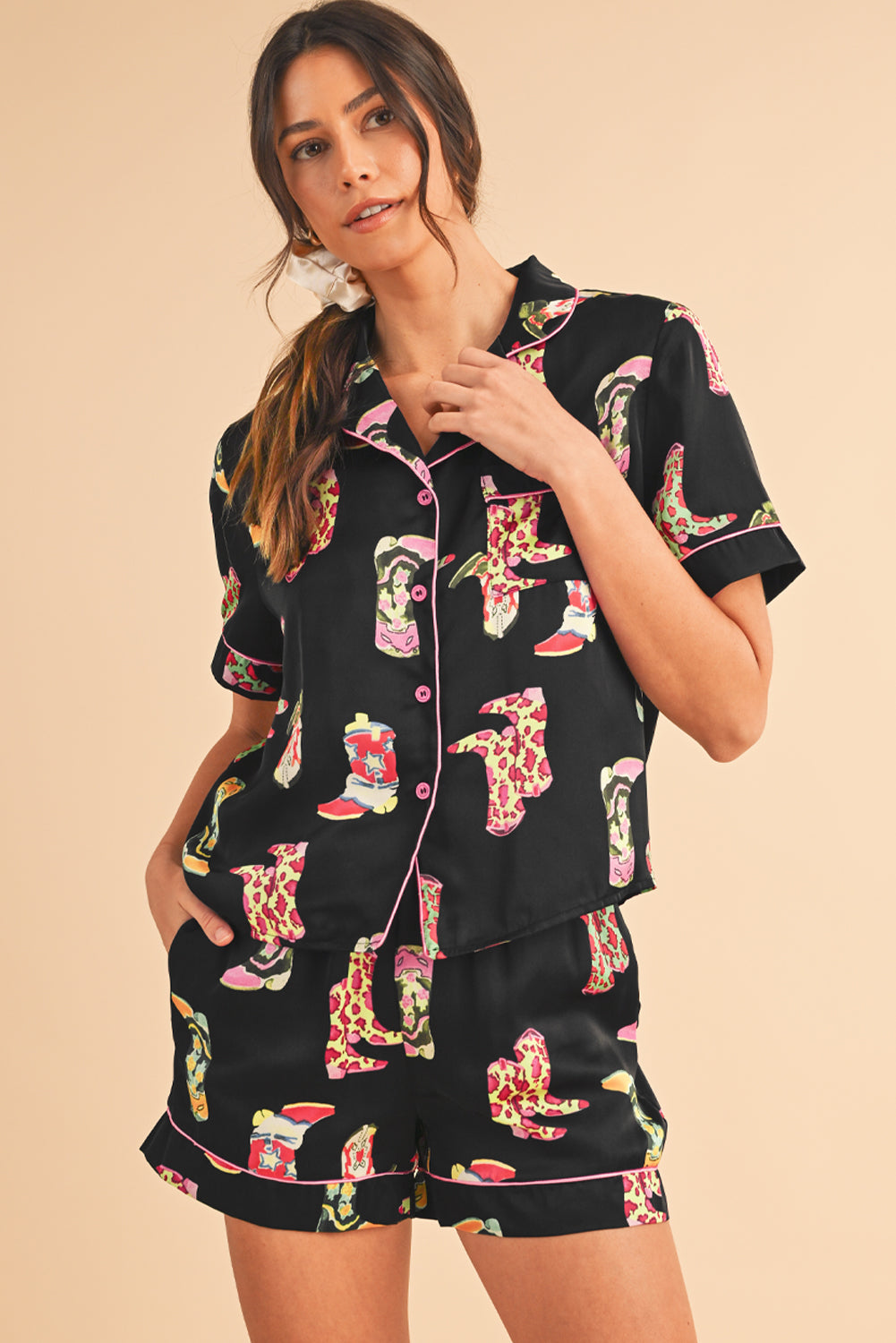 Black Boots Print Button-up Shirt and Shorts Pajama Set