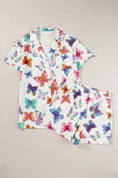 Multicolour Butterfly Print Button-up Shirt & Shorts Pajama Set