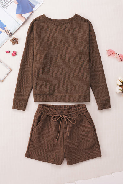 Apricot Textured Long Sleeve Top & Drawstring Shorts Set