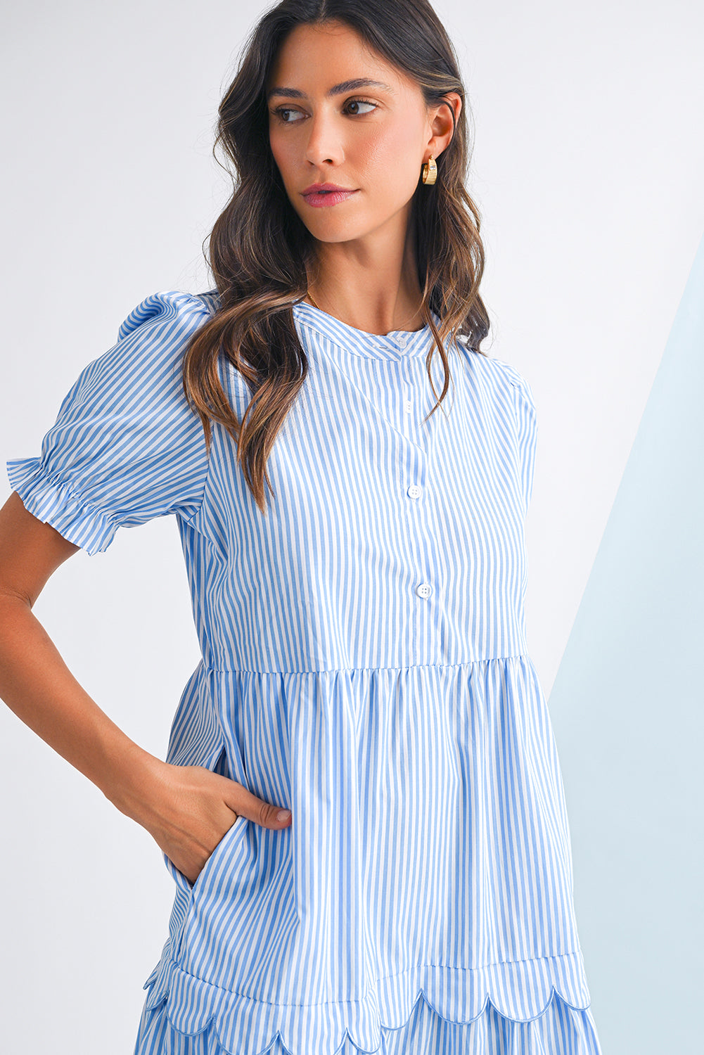 Sky Blue Stripe Bubble Sleeve Scallop Tiered Dress