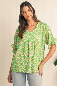 Green Floral Print Ruffle Sleeve V Neck Pleated Blouse