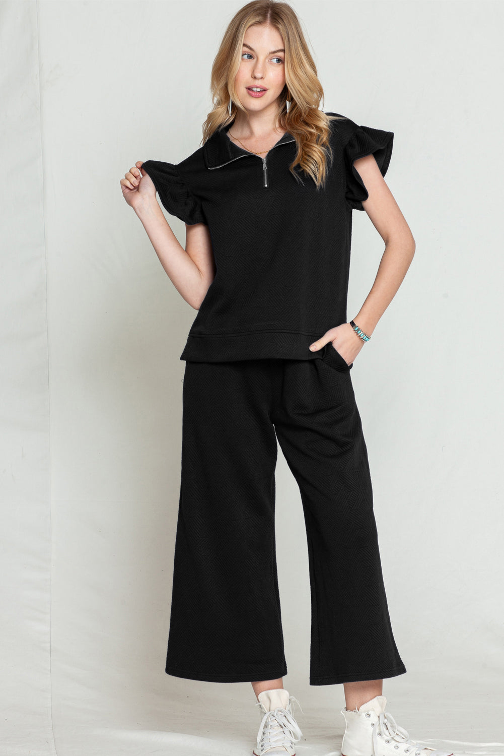 Navy Blue Textured Ruffle Cap Sleeve Top And Wide Leg Pants Set