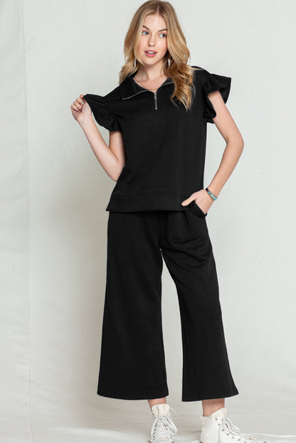 Navy Blue Textured Ruffle Cap Sleeve Top And Wide Leg Pants Set