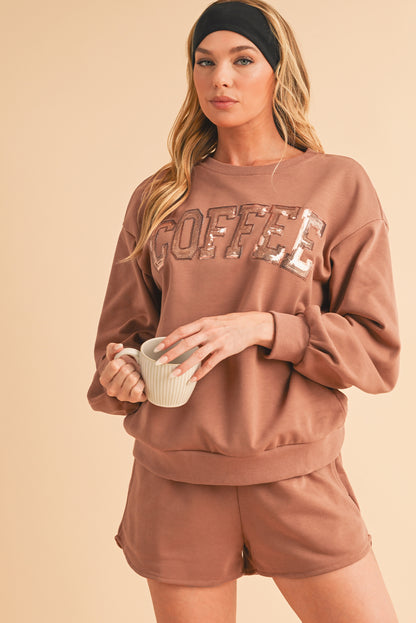 Black Sequins COFFEE Loose Fit Sweatshirt and Shorts Set