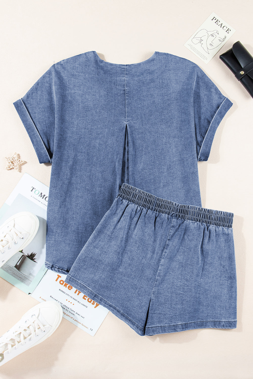 Light Blue Denim Loose Fit Tee and Shorts Set