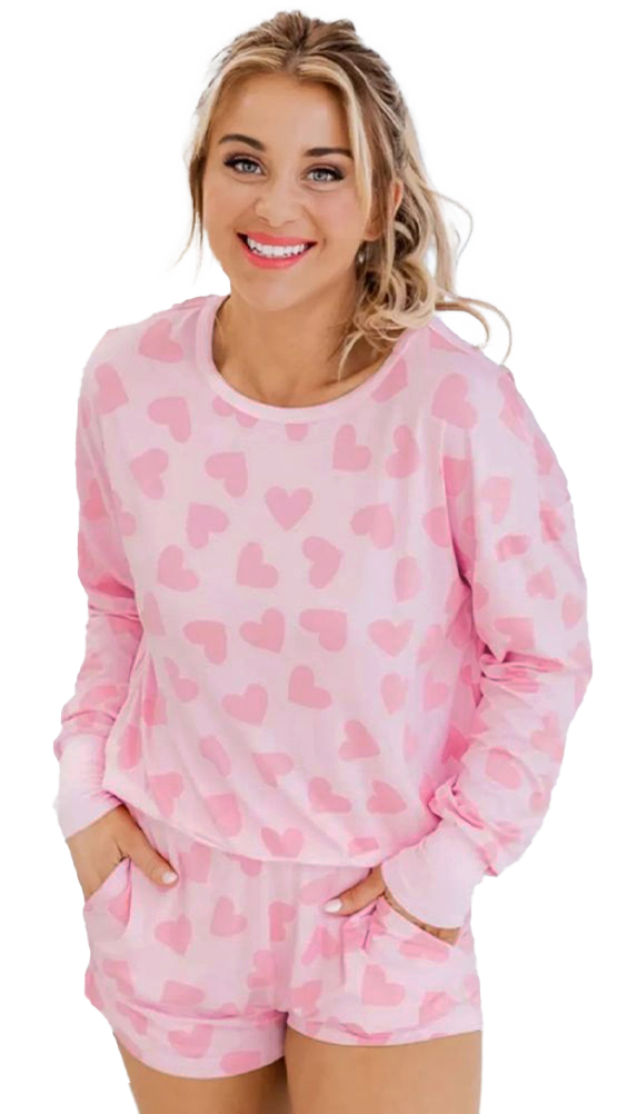 Black Heart Shape Print Long Sleeve Top and Shorts Loungewear Set