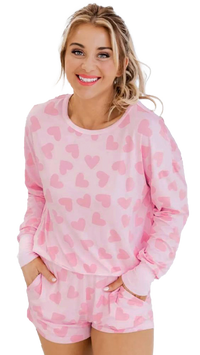 Black Heart Shape Print Long Sleeve Top and Shorts Loungewear Set