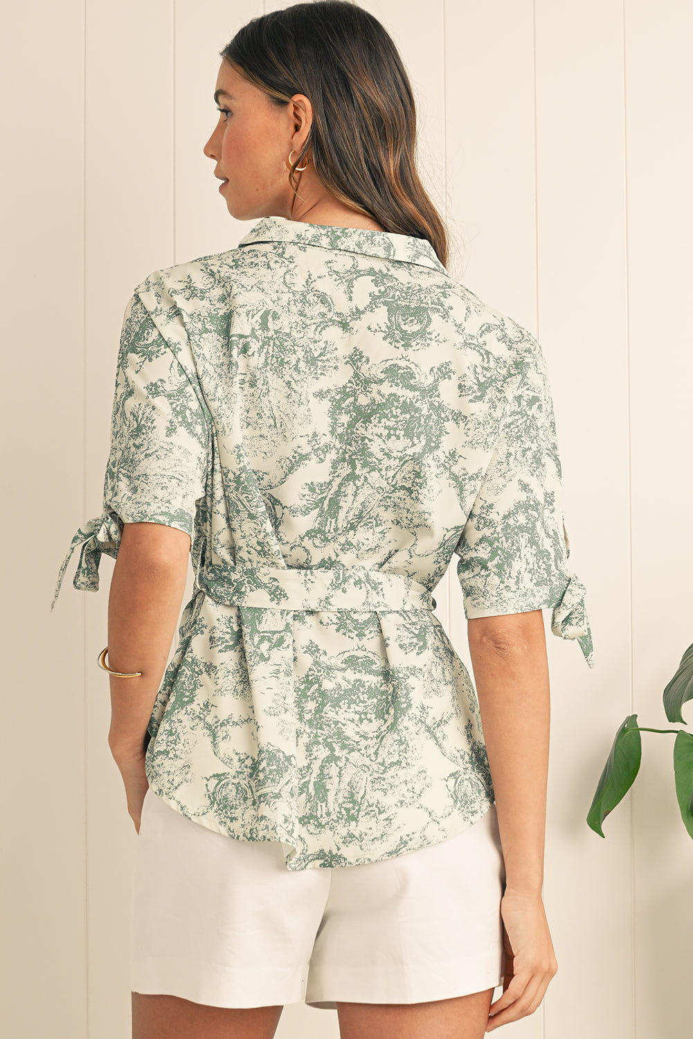 Green Boho Abstract V-Neck Button Shirt