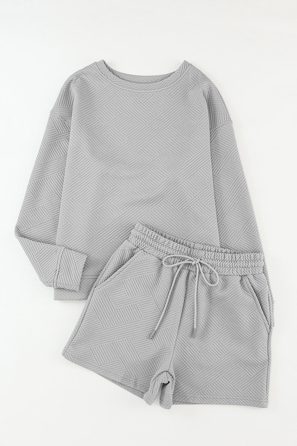 Apricot Textured Long Sleeve Top & Drawstring Shorts Set