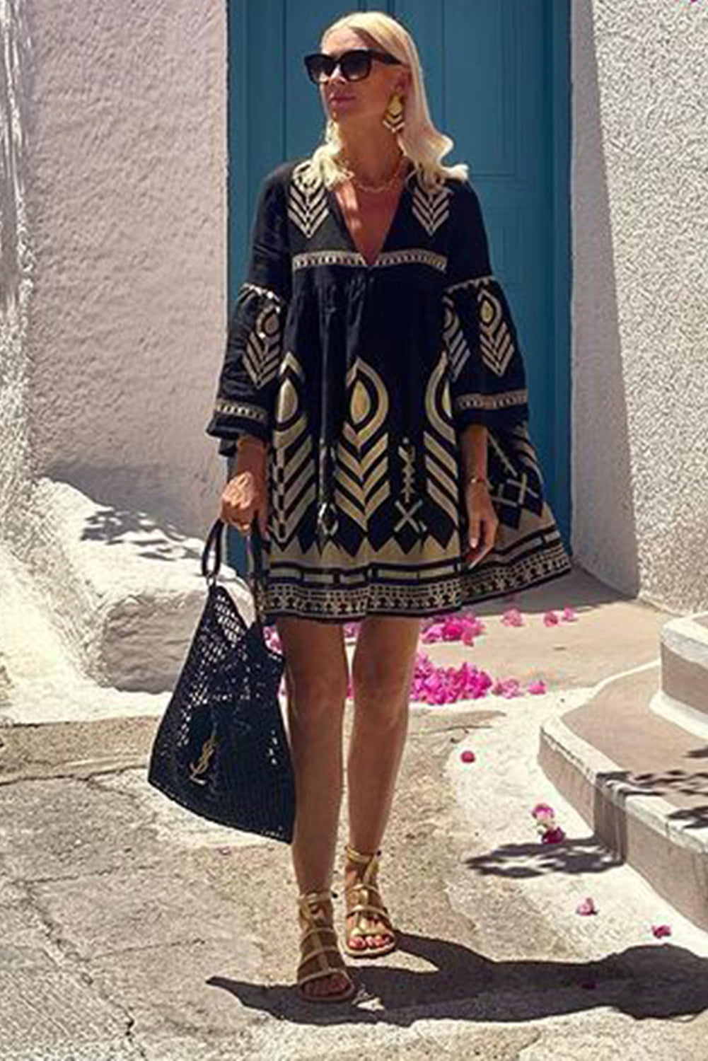 Black Ethnic Print V Neck Flared Sleeve Dress