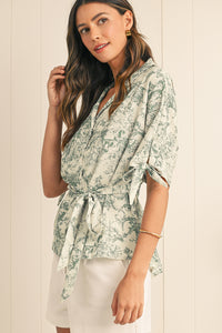 Green Boho Abstract V-Neck Button Shirt