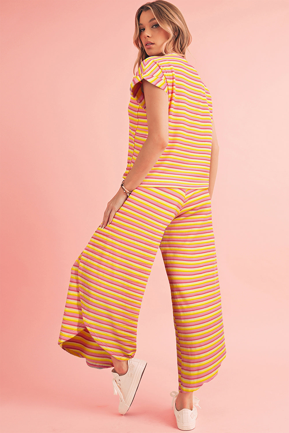 Pink Stripe Rainbow Tee and Tassel Drawstring Wide Leg Pants Set