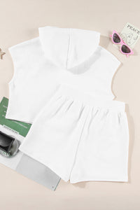White Textured Cropped Hoodie and Pocketed Shorts Set