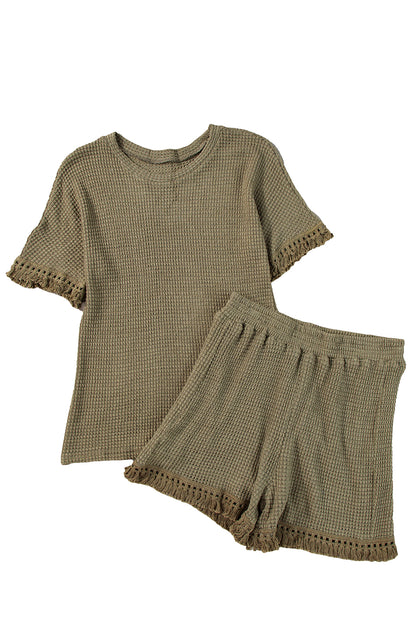 Beige Fringe Trim Waffle Knit Textured Shorts Set