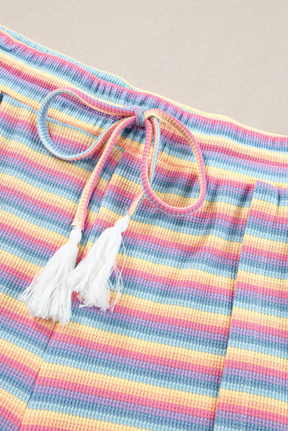 Pink Stripe Rainbow Tee and Tassel Drawstring Wide Leg Pants Set