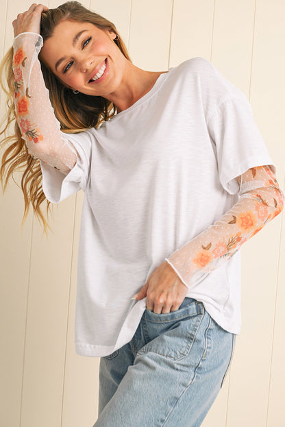 White Floral Mesh Patchwork Sleeve Fake Two-Piece Top