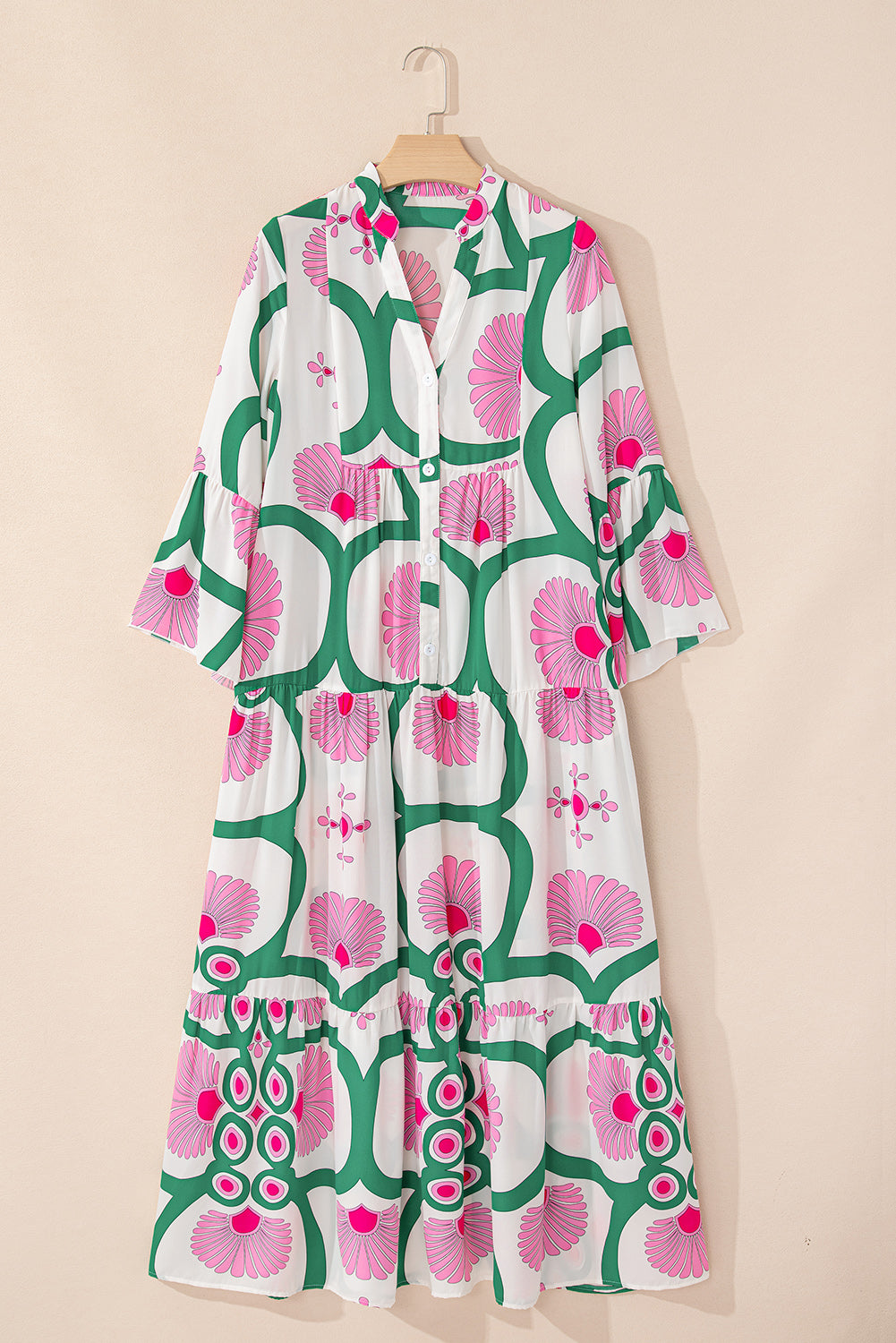 Pink Boho Abstract Button V Neck Oversized Maxi Dress