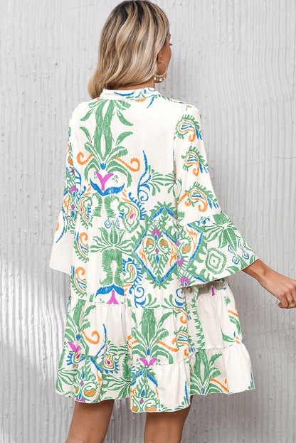 Green Ethnic Print Boho Tiered Mini Flowy Dress