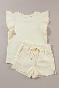 Bright Green Textured Ruffle Sleeve Tee & Drawstring Shorts Set