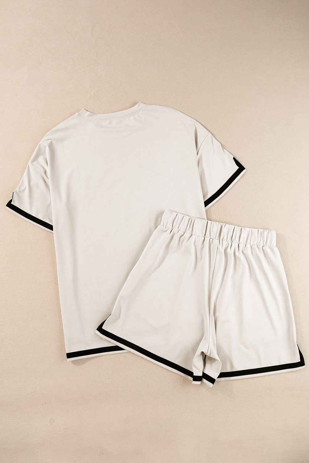 Apricot Contrast Trim Round Neck Tee and Drawstring Shorts Set