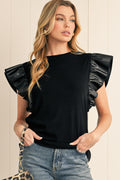 Cinnamon Leather Ruffle Shoulder Blouse