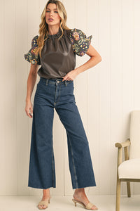 Floral Puff Sleeve Boho Frill Neck Blouse