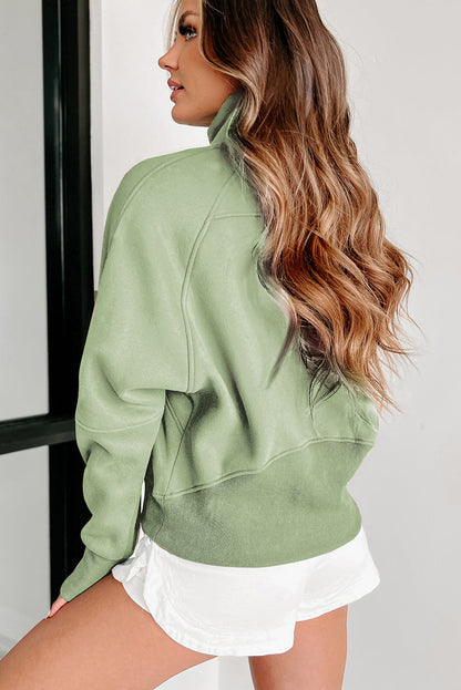 Green Zip Up Stand Collar Ribbed Thumbhole Sleeve Sweatshirt