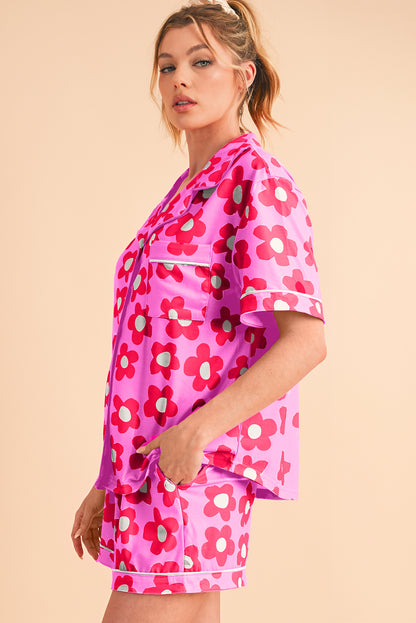 Pink Flower Print Buttoned Shirt and Drawstring Waist Pajama Set