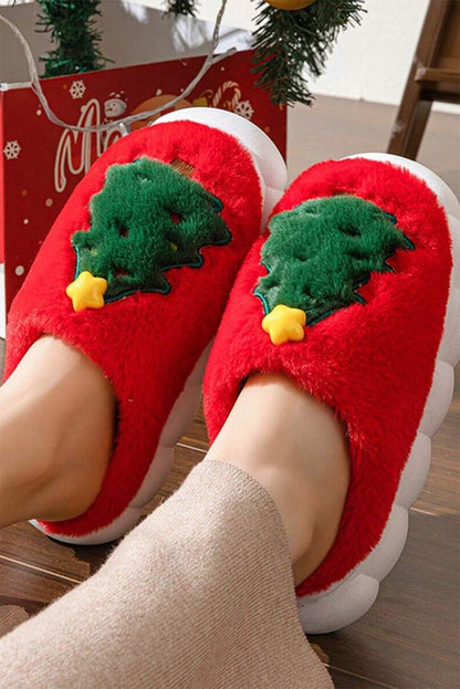 Fiery Red Christmas Tree Graphic Plush Slippers