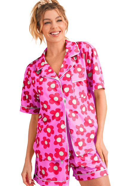 Pink Flower Print Buttoned Shirt and Drawstring Waist Pajama Set