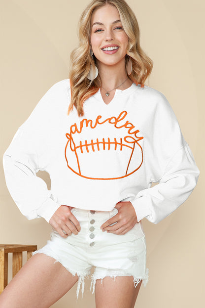 Bright White Game Day Lettering Rugby Notched Neck Cropped Sweatshirt