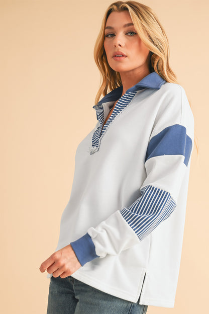 Dark Blue Striped Patchwork Collar Sweatshirt