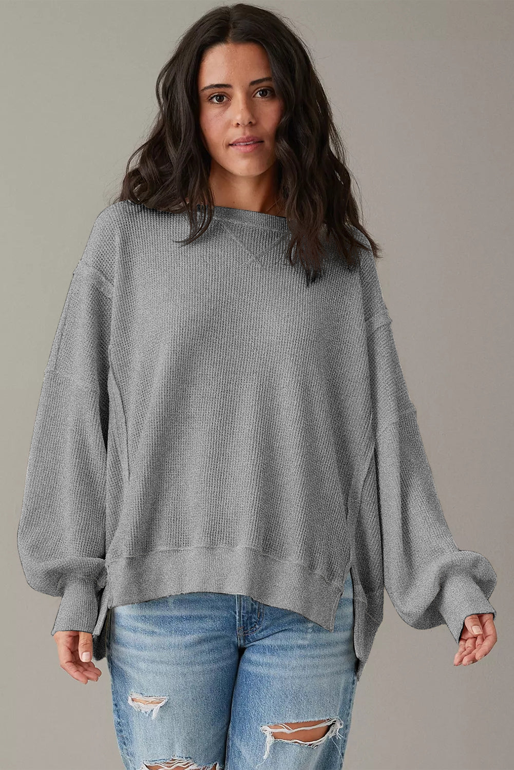 White Waffle Bishop Sleeve Split Oversized Sweatshirt