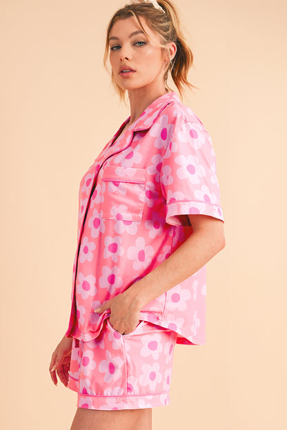 Pink Flower Print Buttoned Shirt and Drawstring Waist Pajama Set