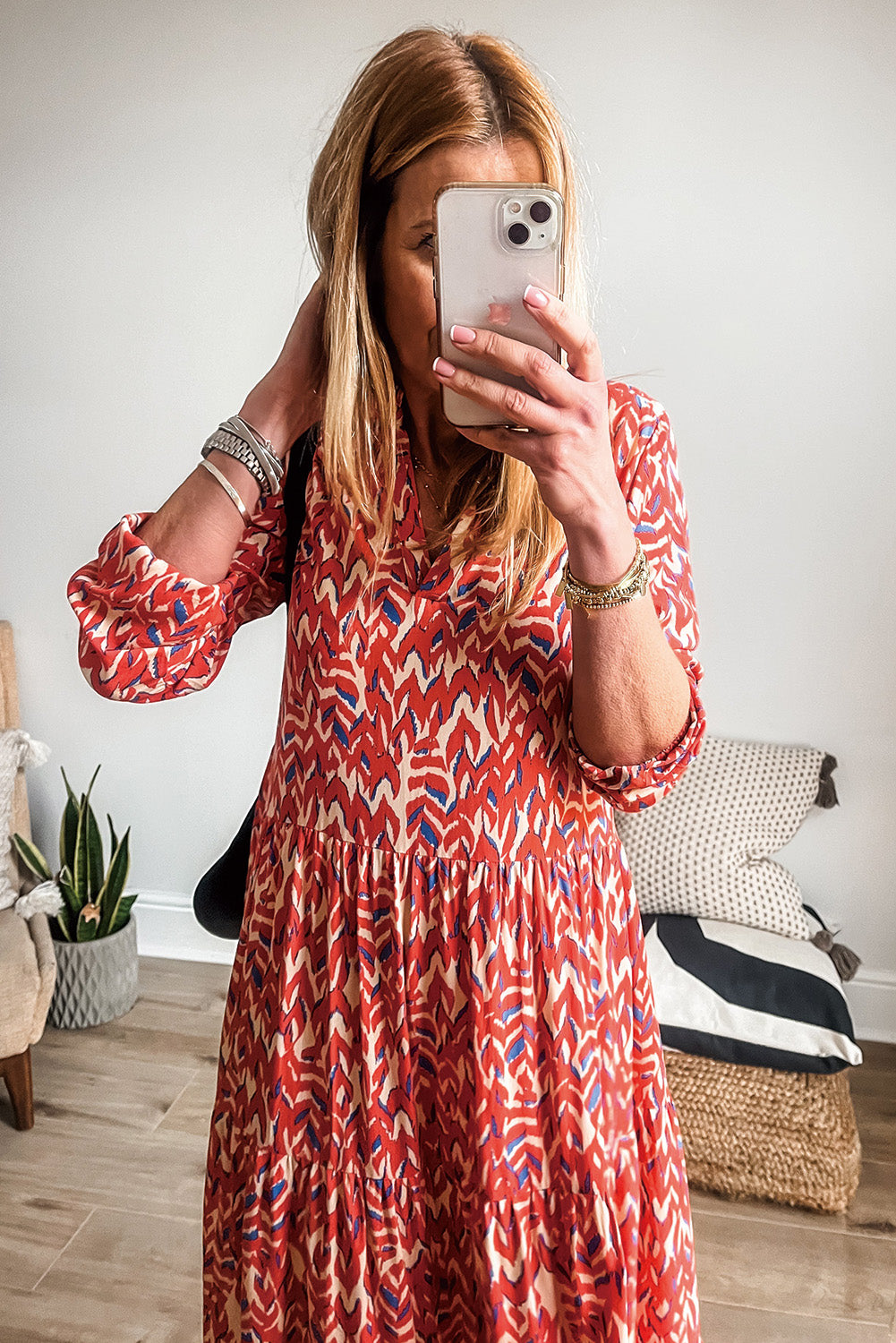 Orange Abstract Print V Neck High Waist Tiered Maxi Dress