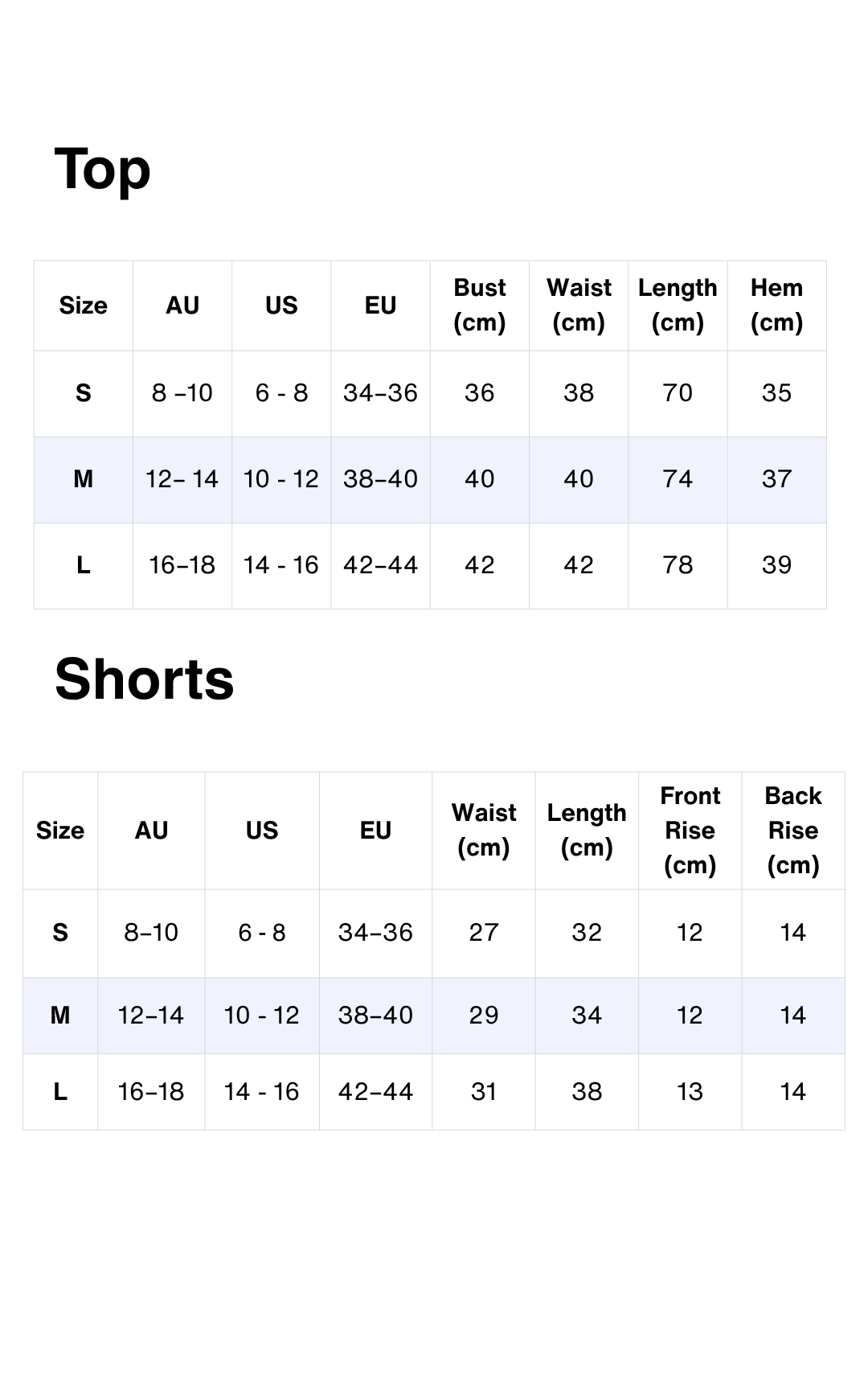 Size chart
